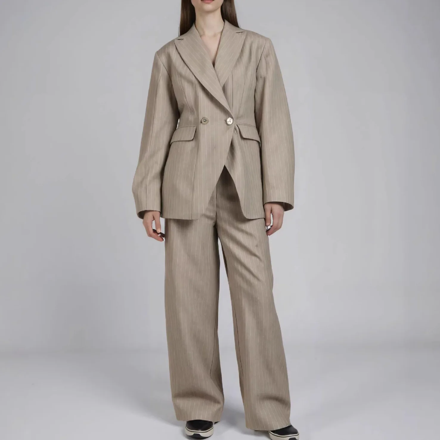 

SuperAen American Retro Notched Slimming Striped Suit for Women's Autumn and Winter New Loose High-waisted Wide-leg Pants Sets