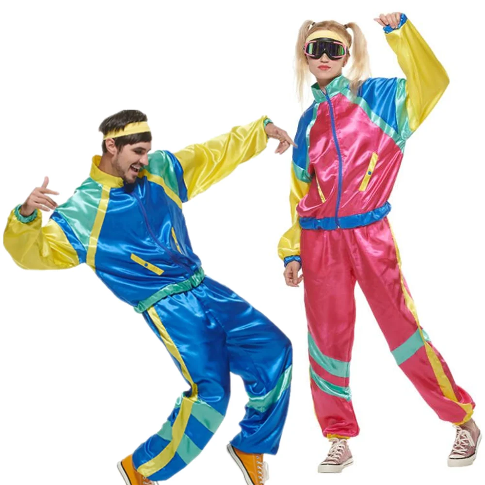 

Adult Halloween Vintage 80s Hippie Costume Cosplay Hip Hop Disco Party Tracksuit Costumes Couple Suit