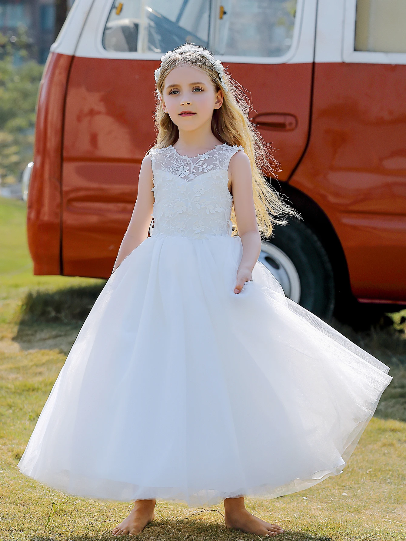 Soft Tulle Satin Floral Appliques Lace Elegant Wedding Party Princess Toddler Gown Dress