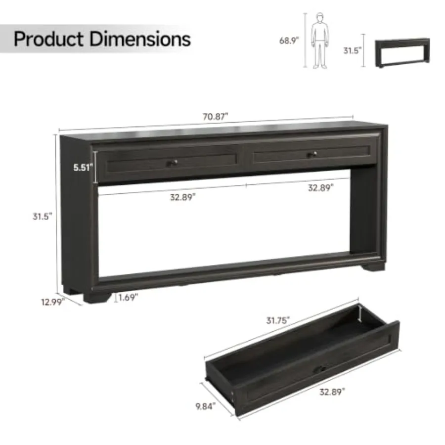 Console Table with 2 Drawers for Entryway Use, Solid Wood, Matte Black Finish, Space-Saving Design with Smooth-Glide Storage