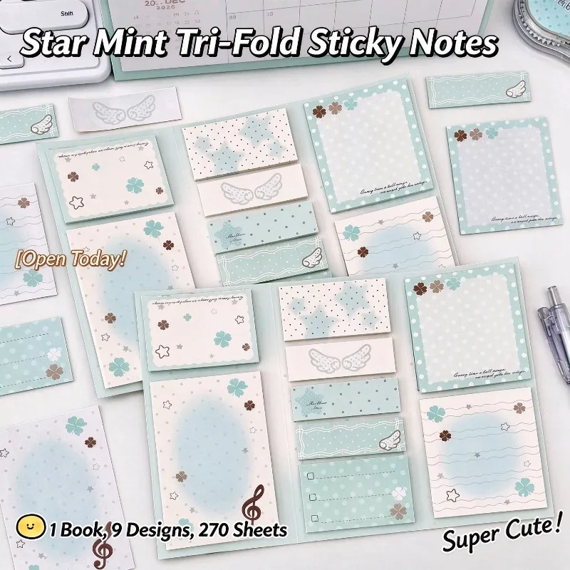 Star Mint Tri-Fold Sticky Notes 9 Designs 270 Sheets Kawaii Wing Clover Memo Cute Washi Sticker for Journaling School Stationery