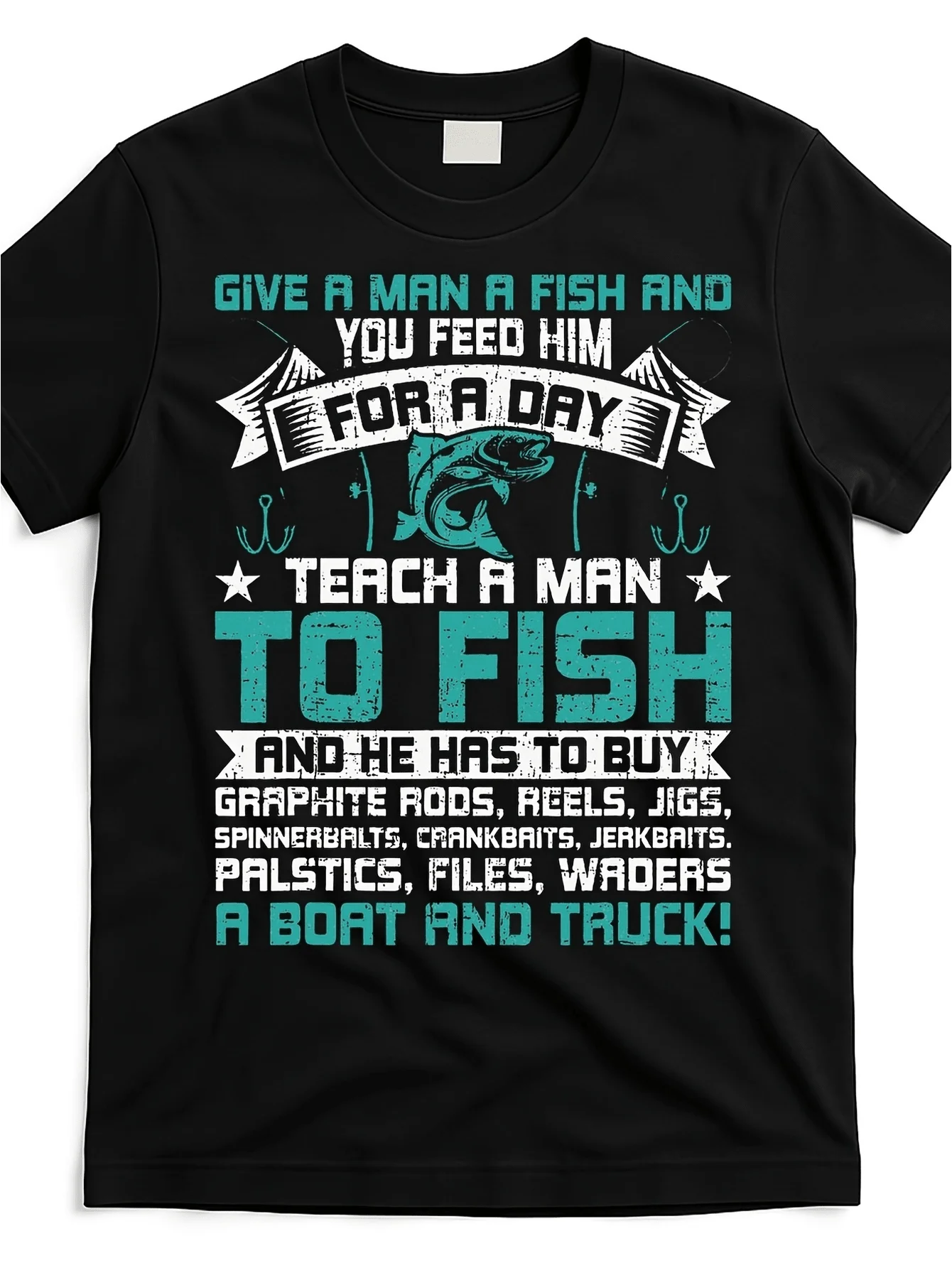 Men's Fun Fishing T-Shirt, Printed With 'Give A Man A Fish & Teach Him How To Fish' Slogan - Retro Carp Fly Fishing Pattern, Com