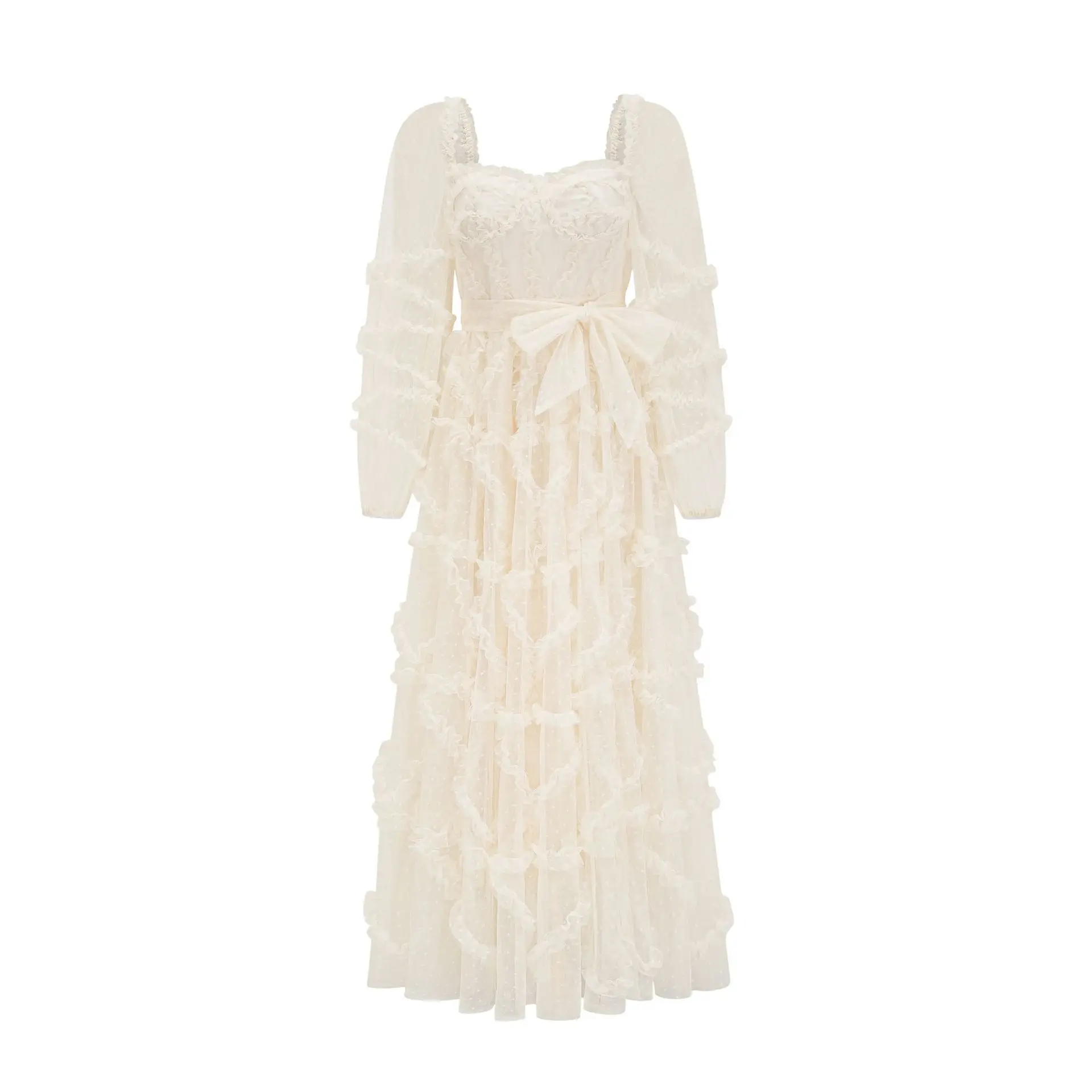 فستان وصيفة العروس للزفاف بلون واحد ربيعي جديد لعام 2025 فستان رسمي أنيق بفيونكة ومنظور شبكي للتطهير على الأرض وأكمام طويلة