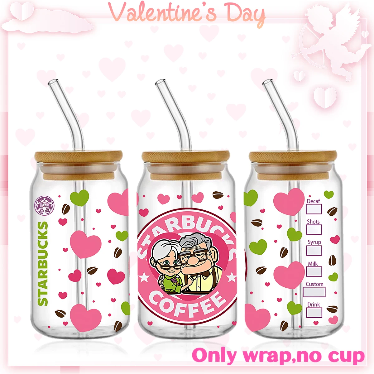 Valentine\'s Day UV DTF Cup Wrap Transfers 16oz Libbey Tumbler Stickers Decal Glass Can Waterproof