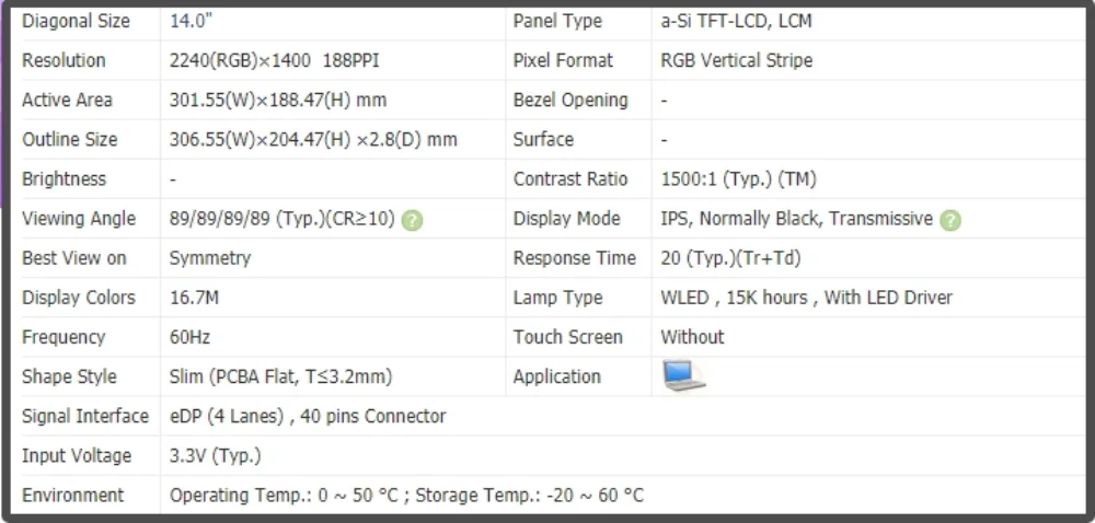 M140NWHE R2 14 inch Laptop Screen LCD Display IPS Panel QHD 2240x1400 Non-touch