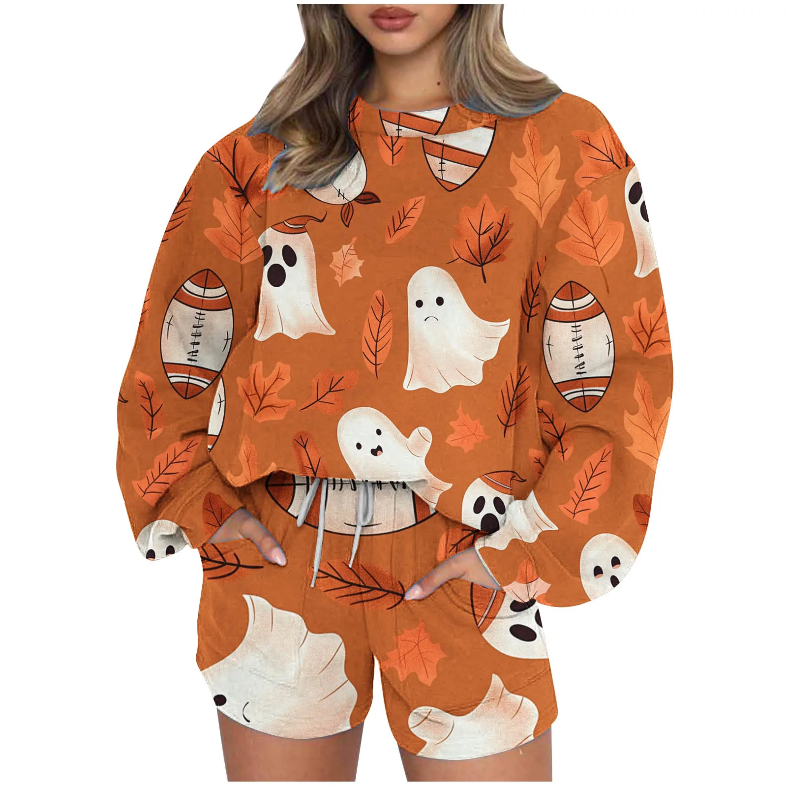 Moda Bluza z długim rękawem Spodenki Halloween Print Zestawy Kobieta Jesień i zima O-neck Sportowy sweter 2-częściowy zestaw dla kobiet