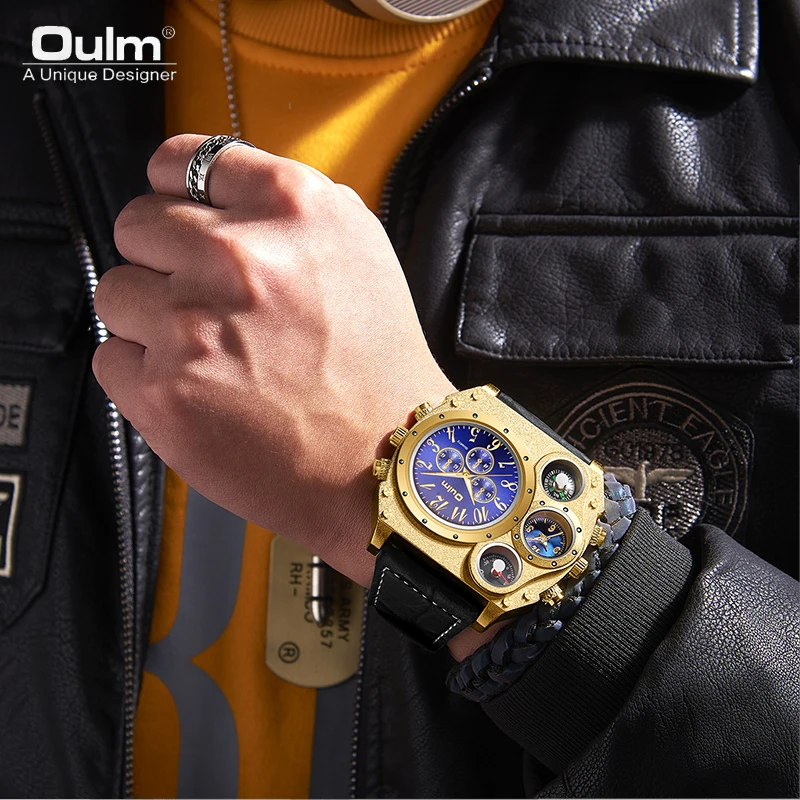 Oulm New Style Unique Designer Brand Men Sports Watch Multiple Time Zone Quartz Watch Leather Strap Mens Watch Relogio Masculino