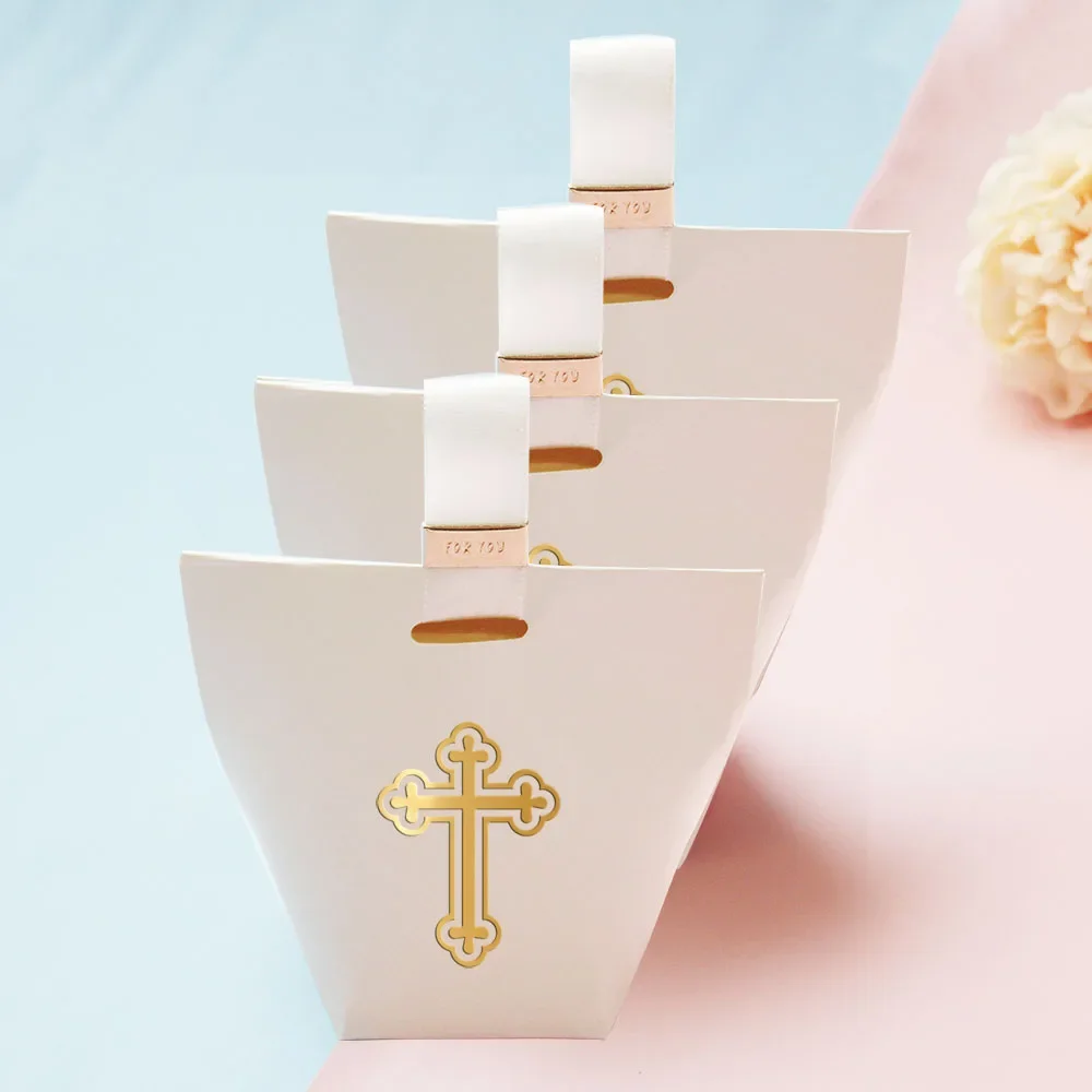 Elegant White Candy Boxes with Gold Foil Cross | Pack of 10 | Perfect for Celebratory Events: Weddings, Baby Showers, and More!