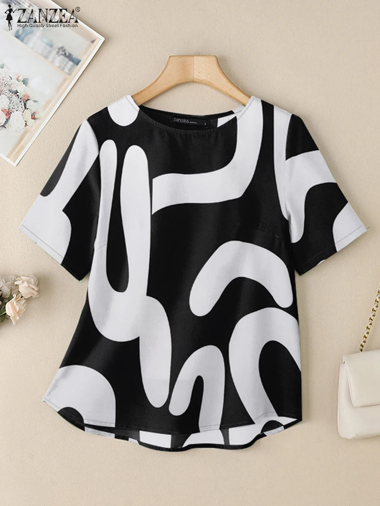 ZANZEA O-hals all-over print blouses halve mouw 2025, zomer alledaagse dames Blusas Mujer mode woon-werkverkeer casual T-shirts