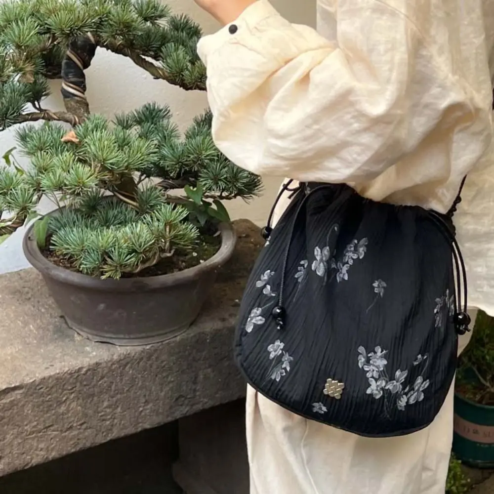 

New Chinese Style Flower Drawstring Bucket Bag Handbag Floral Embroidery Crossbody Bag Coin Purse Small Messenger Bag Girls