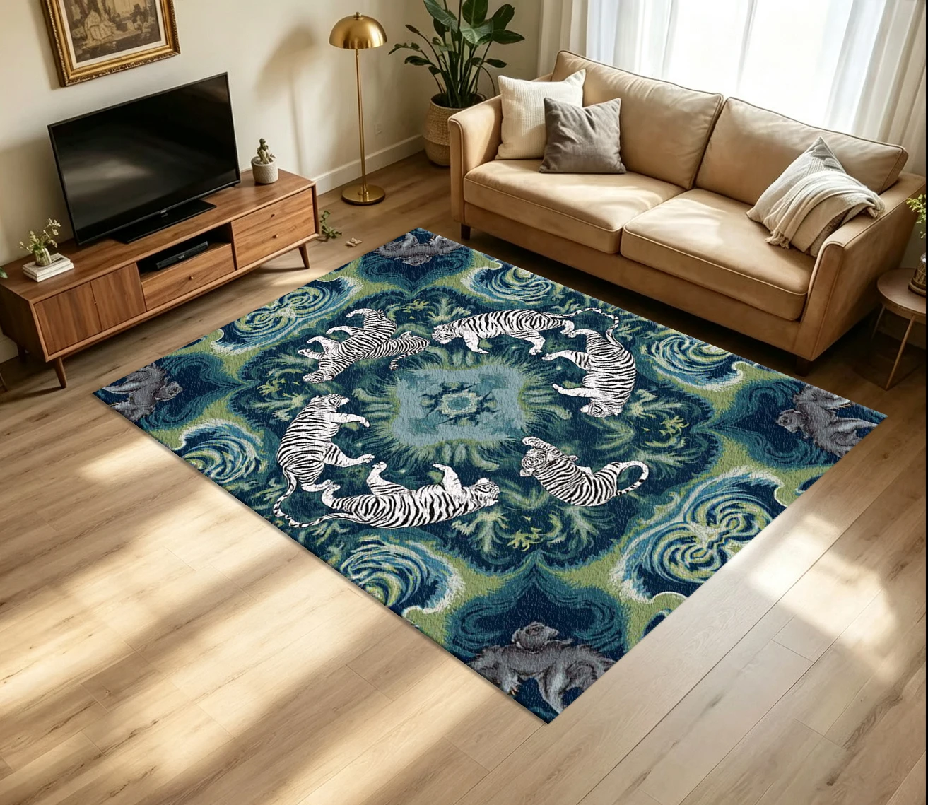 Symmetric White Tiger Jungle Carpet Flooring Exotic Wild Animal Tropical Foliage Vintage Ornate Art Pattern Printed Floor Rug for Household Indoor Luxury Home Room Decor