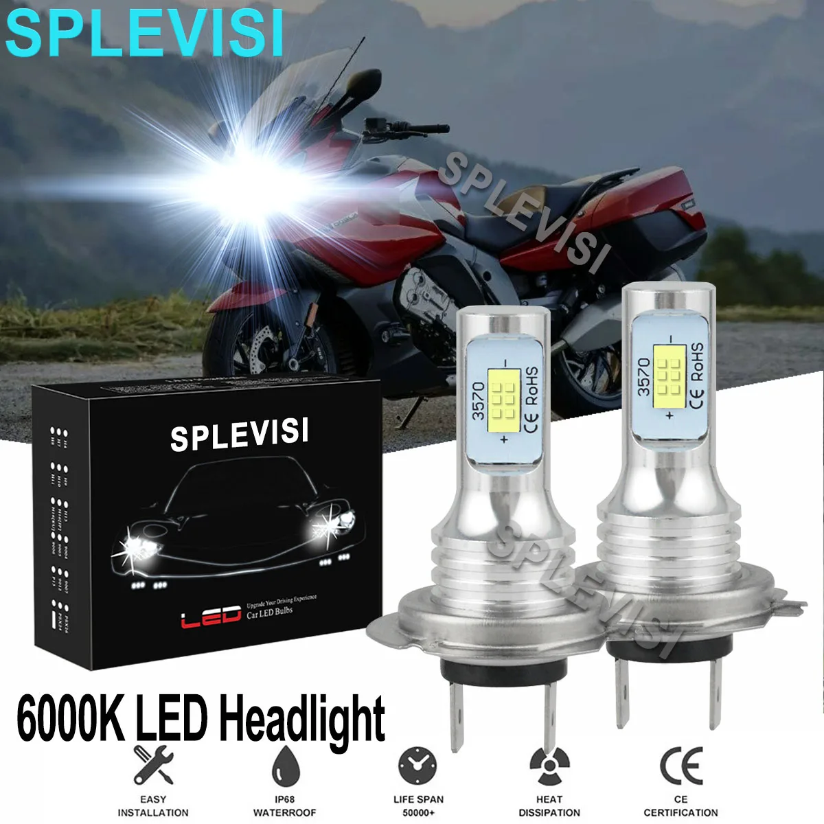 

2x70W Pure White Motorcycle LED Headlight Bulbs 6000K Kit For BMW K1200 K1300 K1600 R1100 R1200