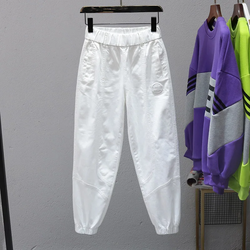 

Белые свободные повседневные брюки с эластичной резинкой на талии, женские модные шаровары в Корейском стиле, весна-лето, новое поступление