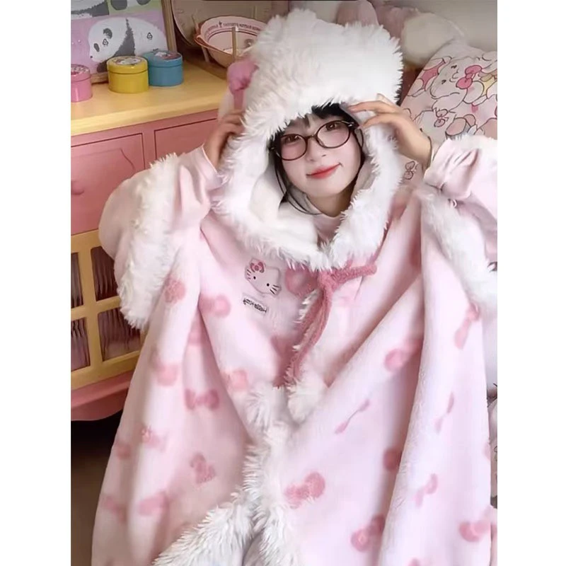 Nuevo Pijamas nuevos de gato Hellokitty para mujer, terciopelo Coral, moda bonita de invierno, Cosplay, capa cálida gruesa, camisón, ropa de descanso, regalo