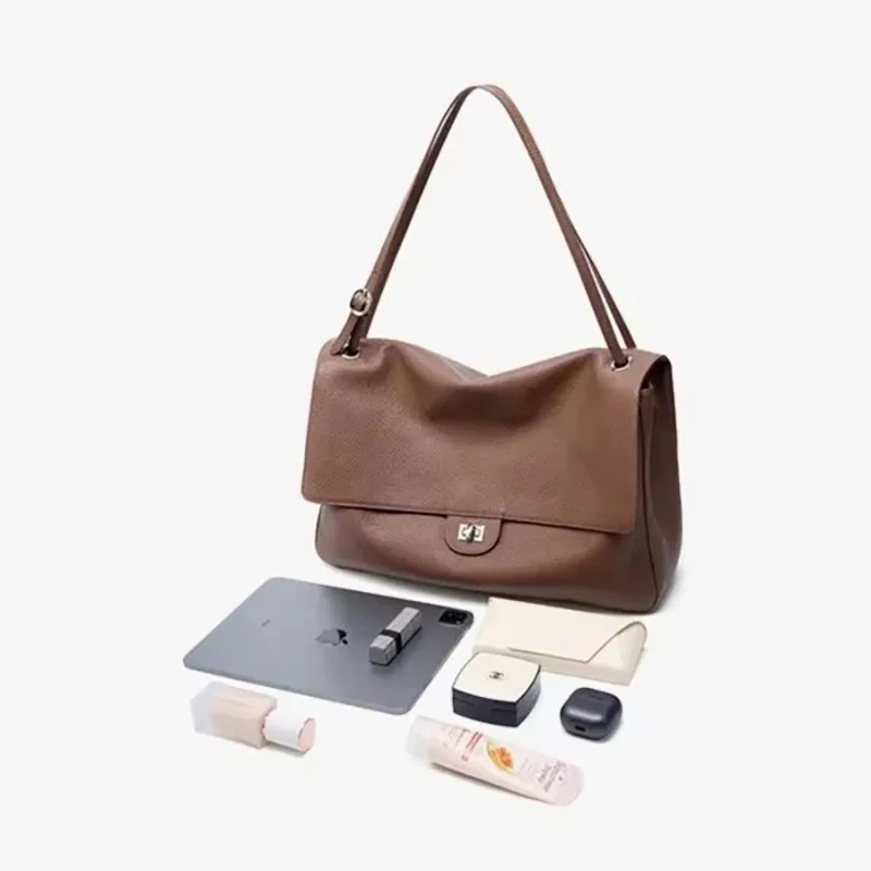 Genuine Cowhide Underarm Shoulder Bag for Women Adjustable Strap Flap Leather Work Tote Bag Large Capacity Commute Handbag image 2