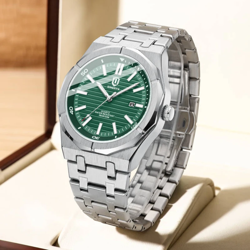 Luxury Brand Quartz Watch for Man Stainless Steel Waterproof Luminous Date Fashion Green Wristwatch Male Relogio Masculino