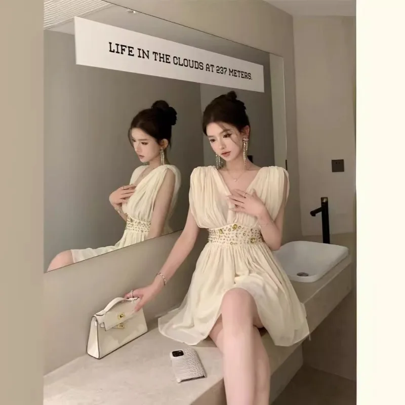 Party Sexy Dress Women Diamonds V Neck Sleeveless Waist Slim Fit Chiffon Mini Dresses Temperament Y2k Evening Vestidos