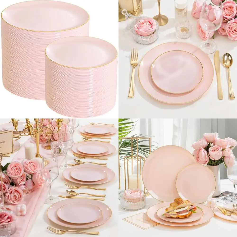 

Premium Pink and Gold Disposable Plates - 200 Pack Including 100 10 Inch Dinner Plates and 100 7 Inch Dessert Plates