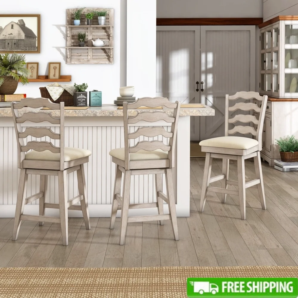 

Swivel Counter Stool Antique White Wood Dining Stool Ladderback Design Padded Seat Rubberwood Frame Kitchen Furniture Easy