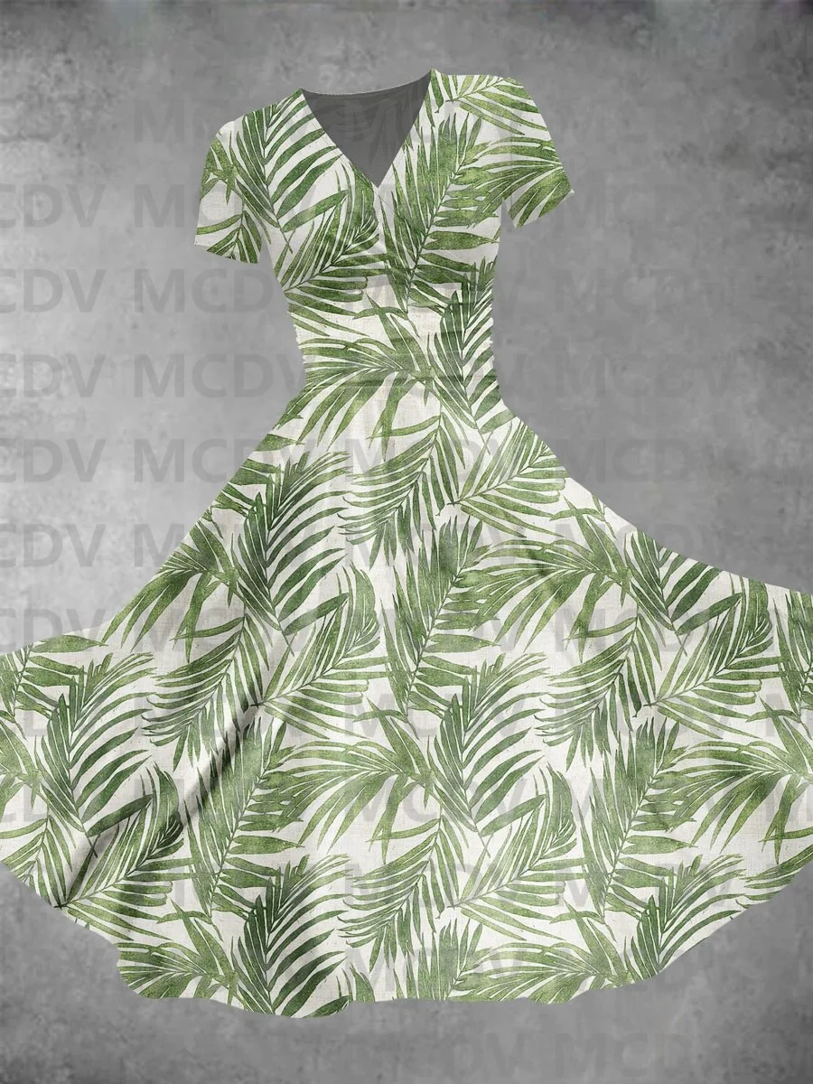 Summer Tropical Plant Leaves Seamless Repeat Pattern Printed Women's Maxi Dress