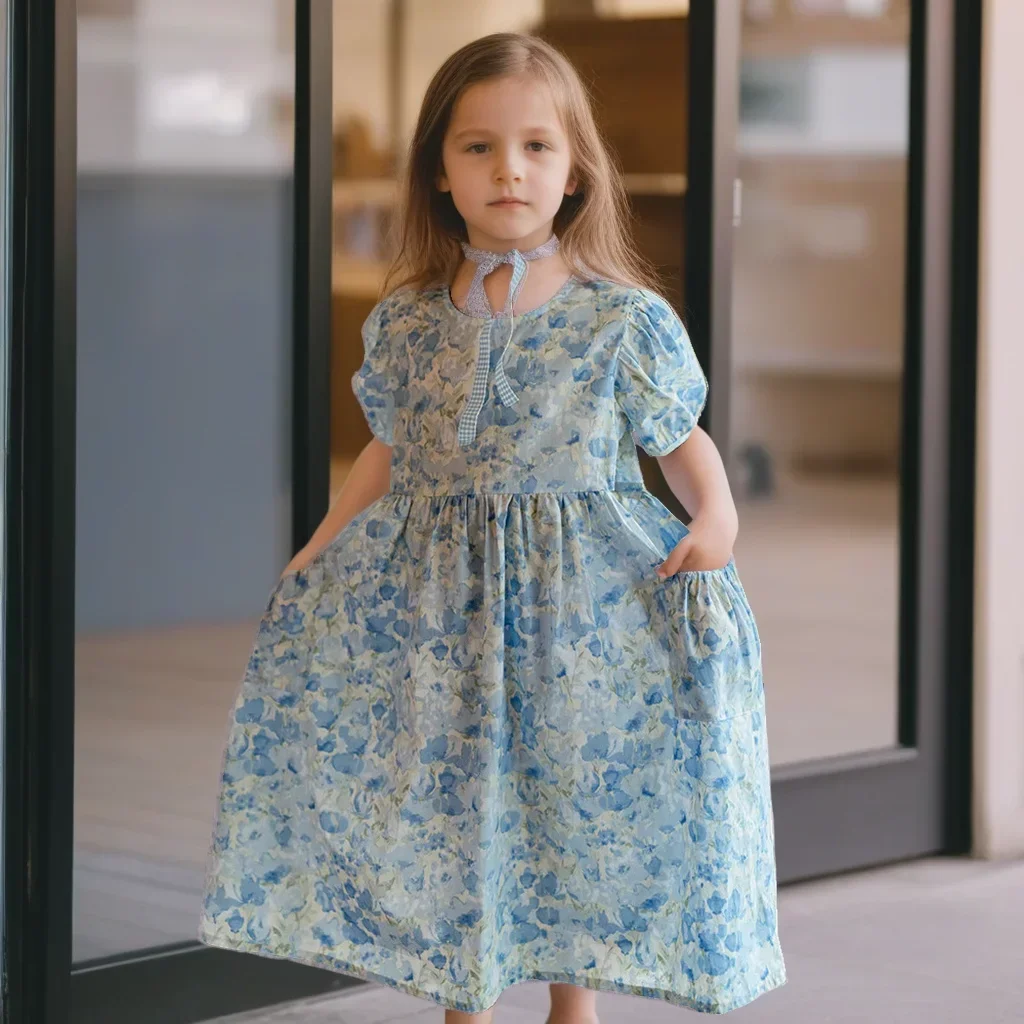 

Child Beach Holiday Costume Girls Floral Dress Summer 2025 Trendy Bubble Sleeve Princess Dress for Kids Blue Print Party Outfit