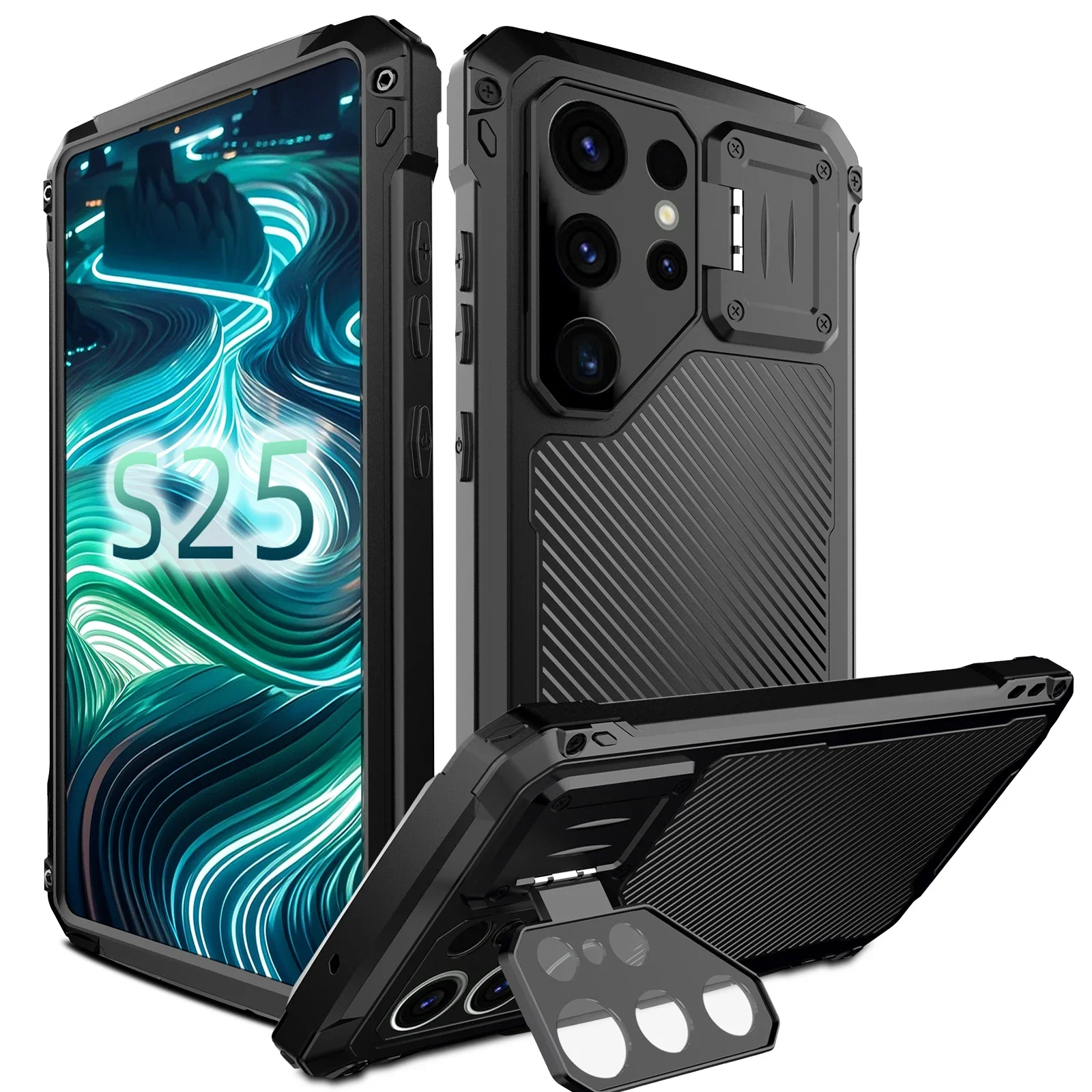 

Metal Phone Case for Samsung S25 S24 S23 Ultra Heavy Duty Shockproof Cover Built-in 18 integrated Magnets Screen Lens Protective