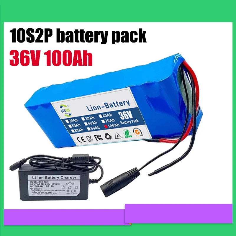 10S2P 36V 100000mAh large capacity battery pack 18650 lithium-ion rechargeable battery with BMS and multiple plug options