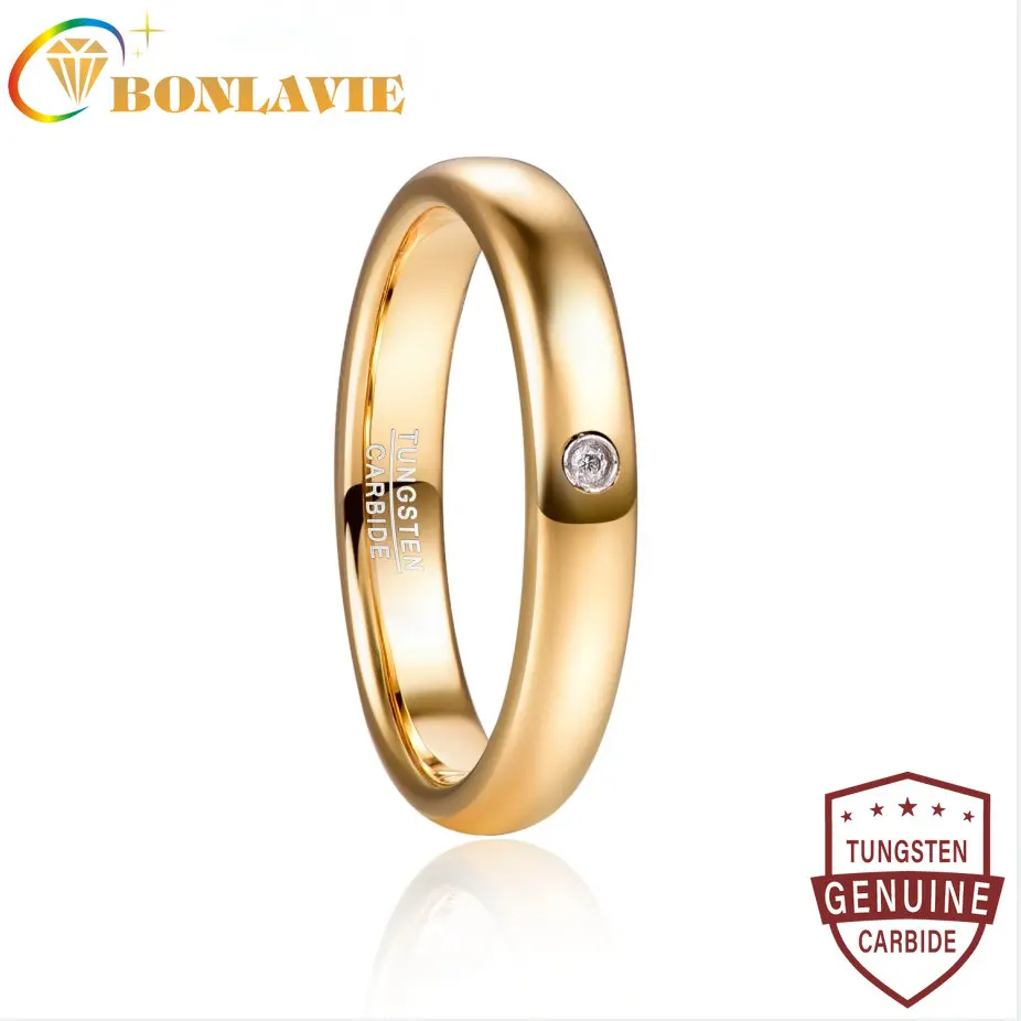 BONLAVIE 4mm Gold Color Dome Tungsten Carbide Ring Wedding Band for Men Women Comfort Fit Rings Engagement Jewelry