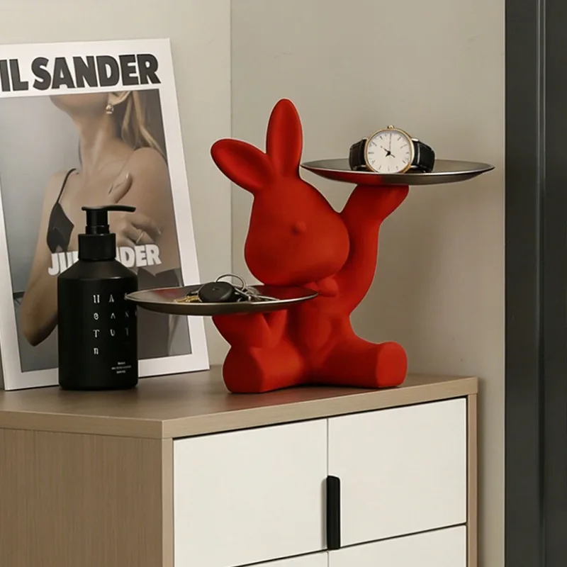 Nordic Ins Style Red Flocked Rabbit Sculpture with 2 Metal Trays,Modern Home Decor Storage Organizer for Keys Jewelry Watches