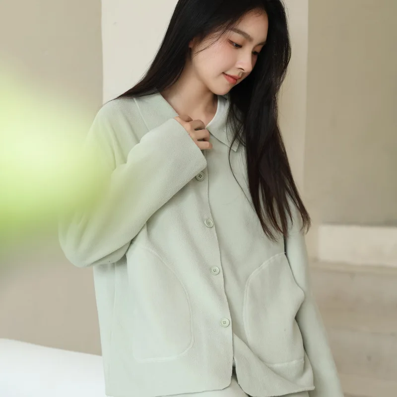 Women's Sleepwear Autumn And Winter New Fleece Set Solid Color Small Collar Loose Warm Long Sleeved Pants Home Wear Nightwear