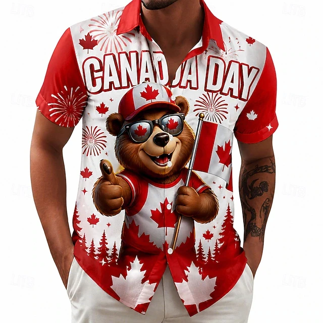 Mens Canada Day Parliament Celebration Print Shirt Canadian Flag Design Short Sleeve Buttons Casual Aloha Shirt For National Day
