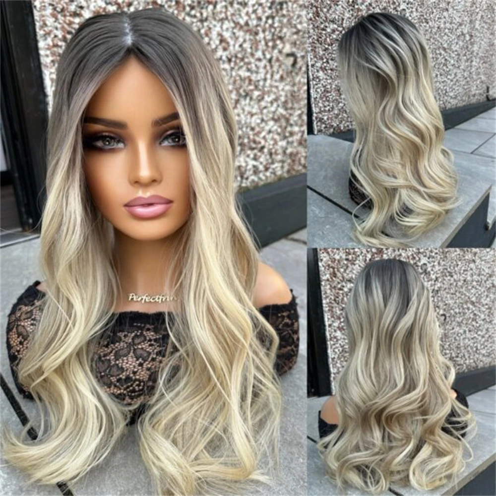 

Woman Wigs 13x4 Ombre Ash Blonde Colored Synthetic HD Lace Front Wig Preplucked Hairline Soft Body Wave Wig Small Large Size Cap