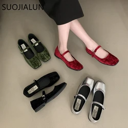 SUOJIALUN 2024 Autumn Women Flat Shoes Fashion Square Toe Sahllow Mary Jane Shoes Soft Sole Outdoor Dress Elegant Boat shoes