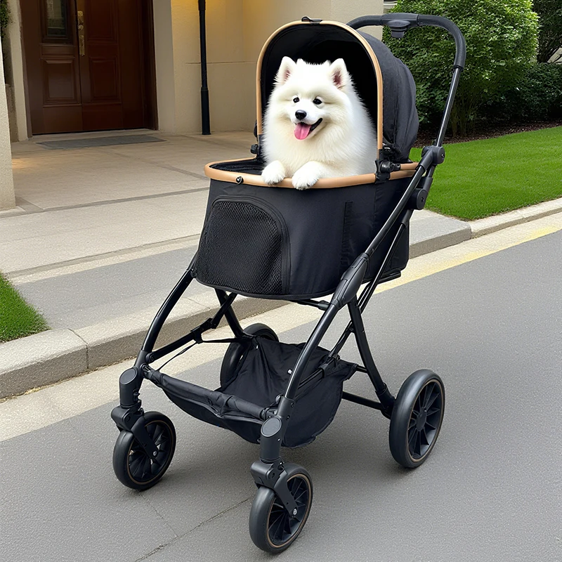 

Premium Foldable Black Pet Stroller for Small Dogs and Cats with 600D Oxford Fabric Ventilated Mesh Windows Storage Basket