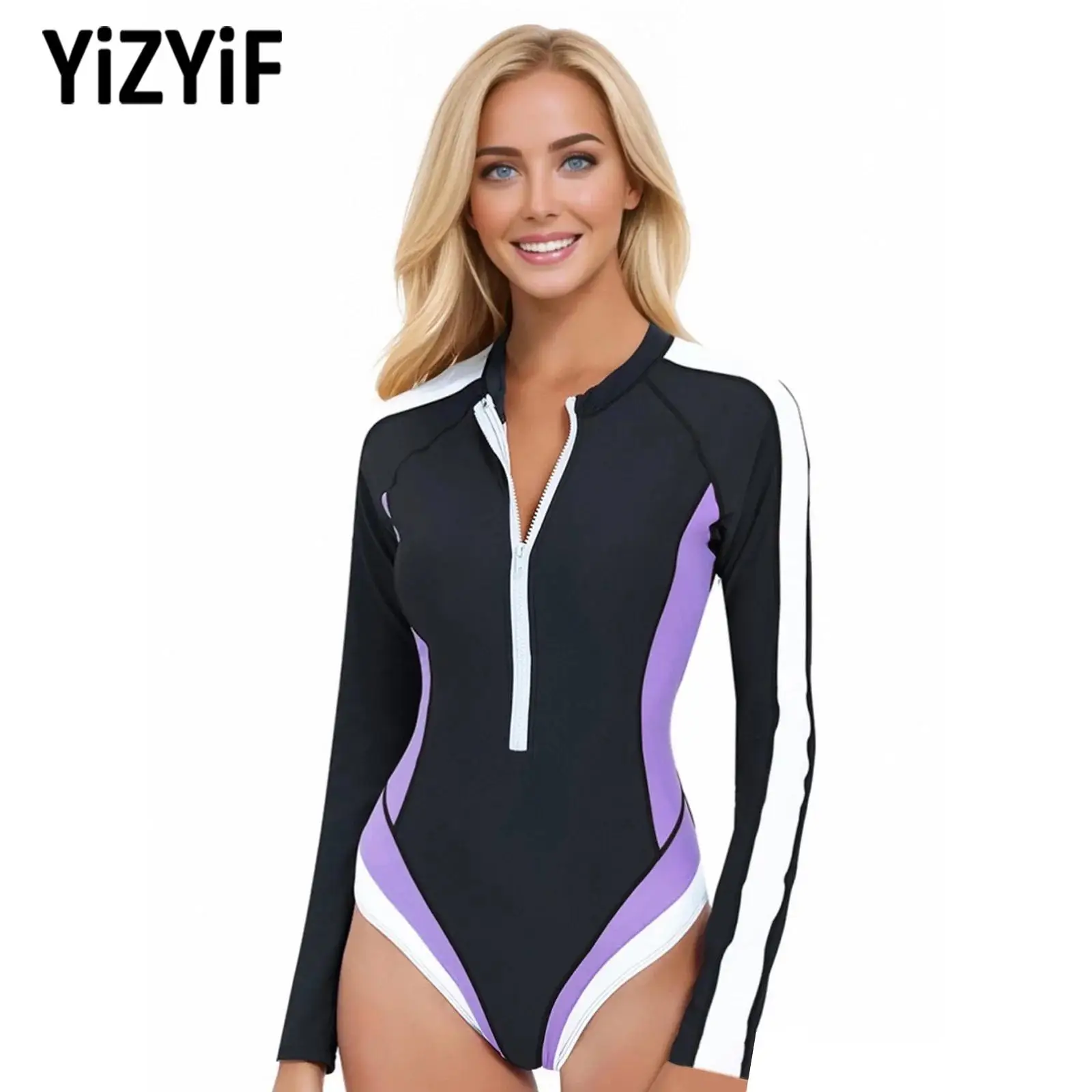 

One Piece Color Block Swimwear Swim Suit Womens Fashion Long Sleeve Zipper Bodysuit Surfing Bathing Suit Sportswear Active Wear