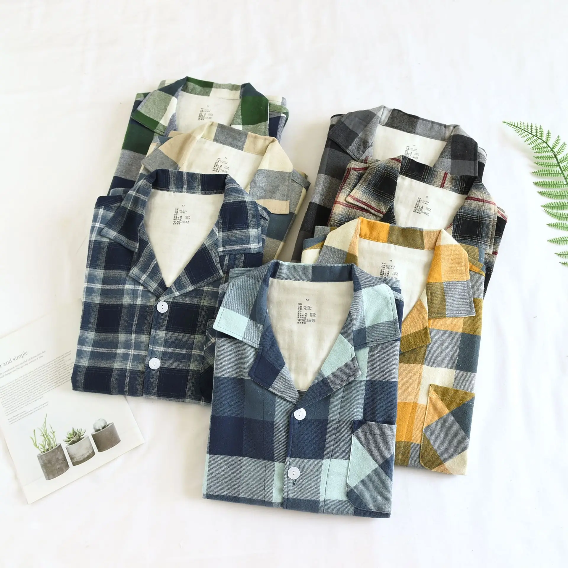100% Cotton Pijama Men's 2 Pieces Lounge Sleepwear Pyjamas Plaid Autumn Winter Brushed Bedgown Home Clothes Man Pjs Pajamas Set