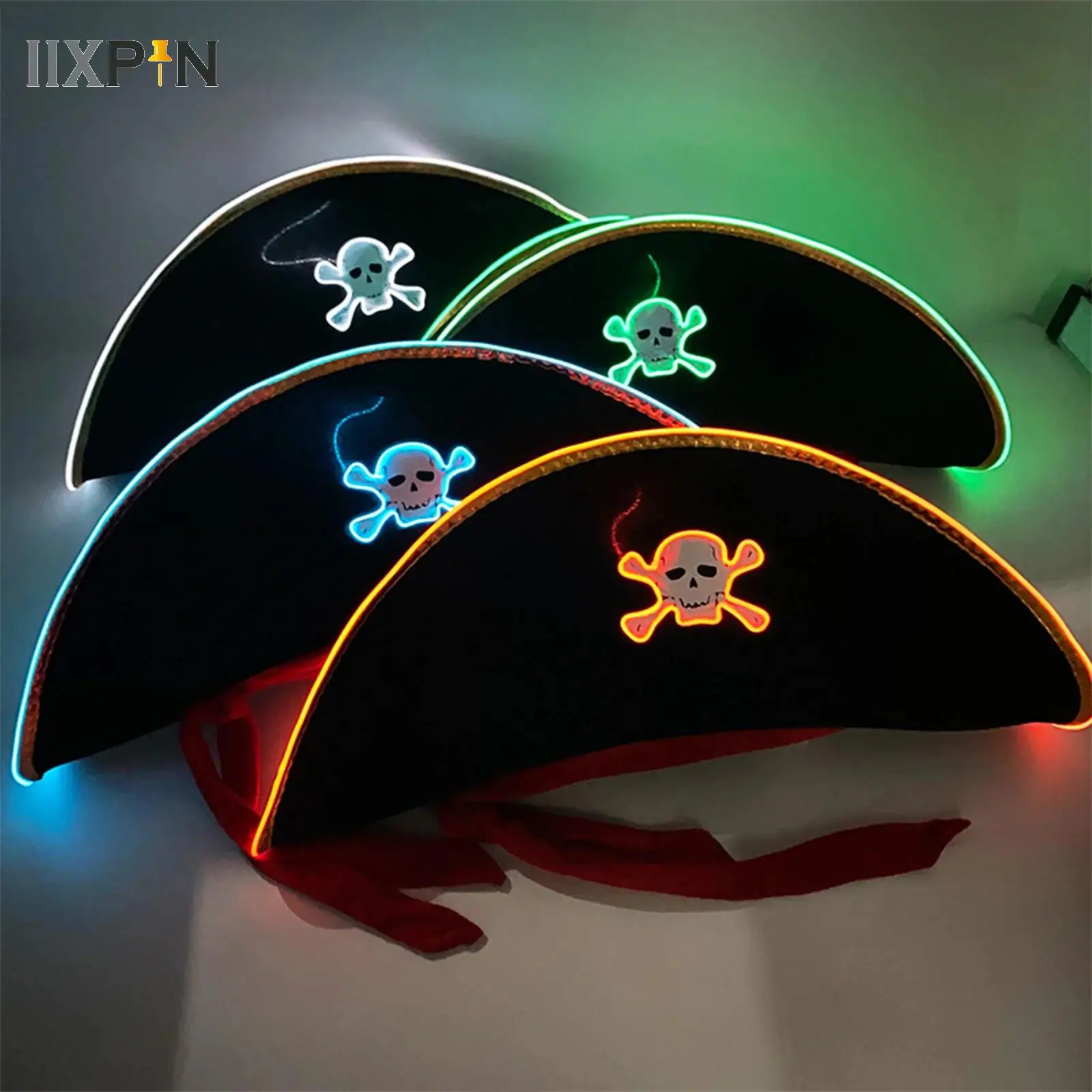 

Glowing Decor Supplies Luminous Pirate Hat Skull Crossbones Pirate Cap Fashion Neon Light Hat For Halloween Party Props