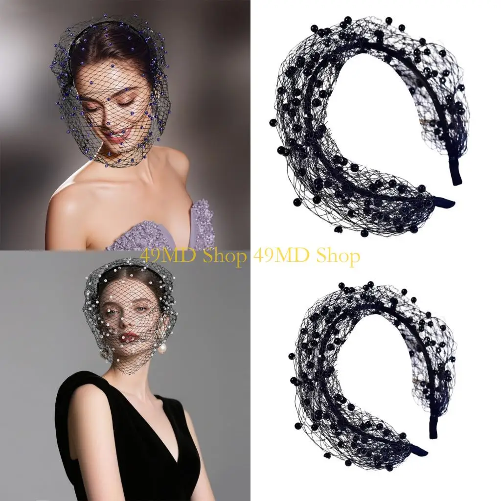 

49MD Elegant Bridal Veil Headband With White Pearls Retros Flapper Veil Headband for Wedding Photography And Special Event
