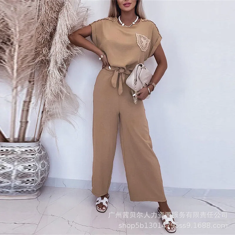 Women's Clothing Lace Stitching Blouse Top & Wide Leg Pants Casual Suit 2-Piece Set