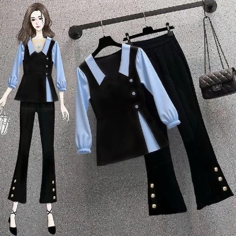 

Ранняя осень, новая лоскутная рубашка контрастного цвета с рукавами семь четвертей для похудения, расклешенные брюки, модный комплект из двух предметов