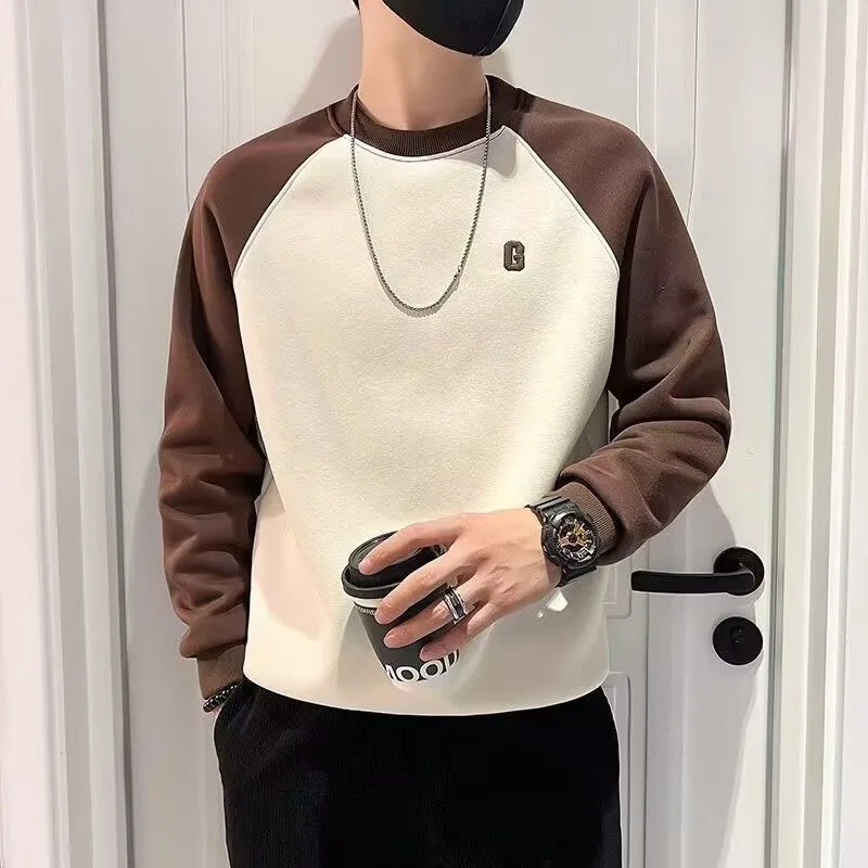 New Autumn/winter Korean Version Trendy Brand Plush Color Block Round Neck Loose and Versatile Handsome Casual Men's Hoodie