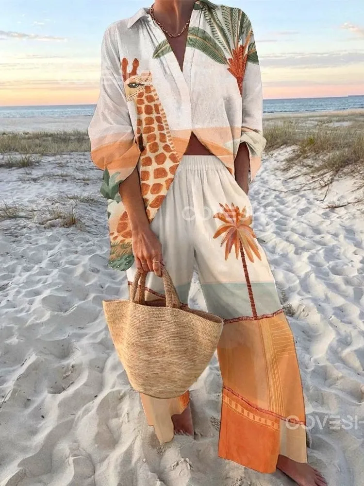 

Женские осенние праздничные комплекты, модная рубашка с длинными рукавами и принтом, топ + широкие брюки, комплект из 2 предметов для женщин, одежда в стиле бохо, новинка