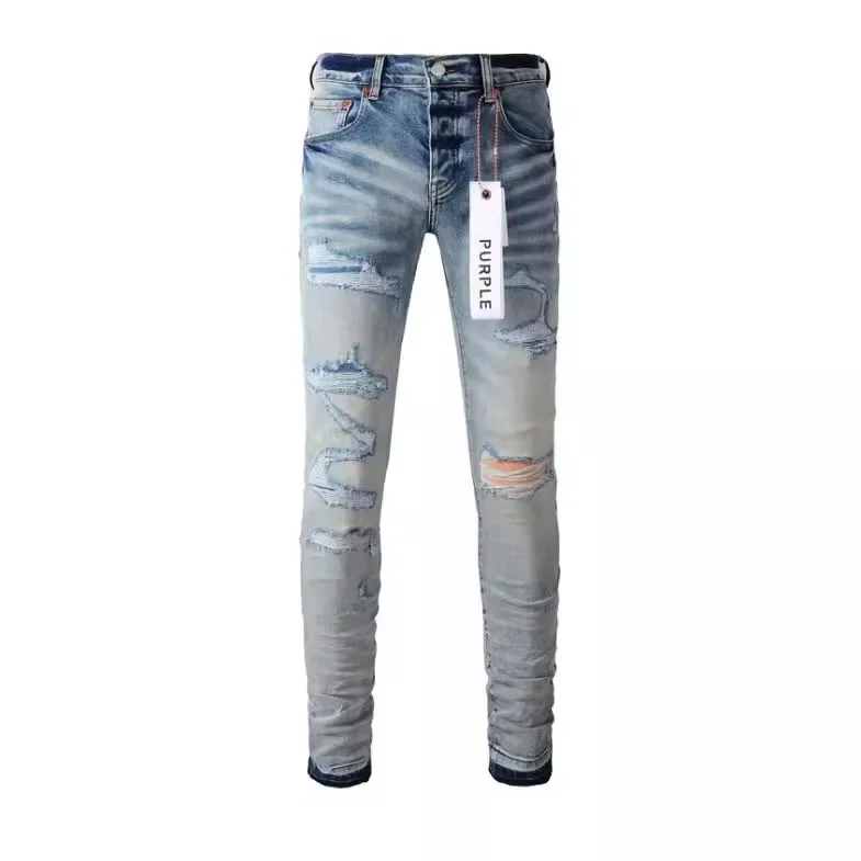 Purple Blue Ripped High Street Men's Straight Jeans for Daily Wear