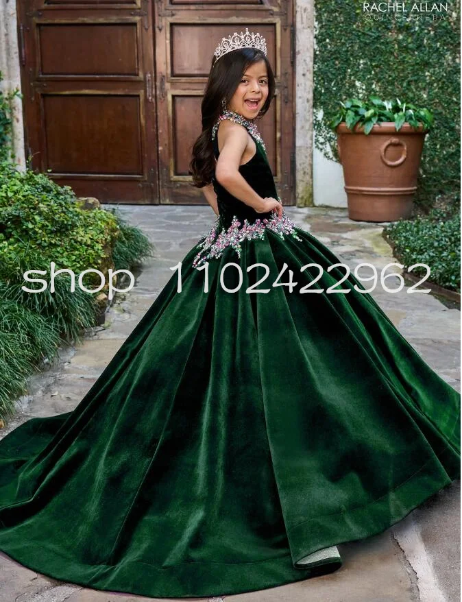 Customsized Girl's Beaded Velvet Halter Mini Quinceanera Dresses Emerald Green Black Lace-up Little Princess Flower Girls Dress