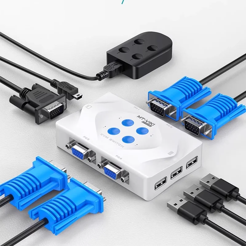 MT-Viki Smart Kvm Switch VGA Selector 4 Port Hotkey Wired Remote Controller Select Auto Scan 1920x1440 Send Cables MT-401KL