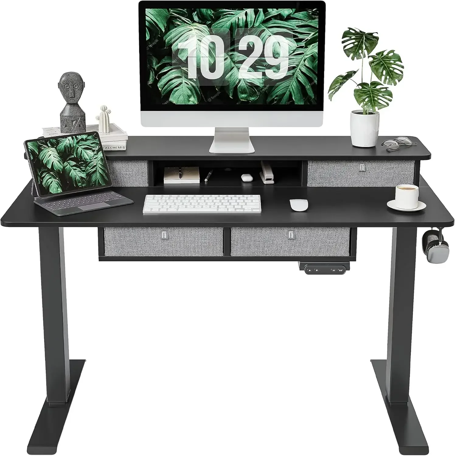 Sturdy Height Adjustable Electric Standing Desk with Drawers, 48 x 24 Inch Stand Up Table with Large Storage Shelf