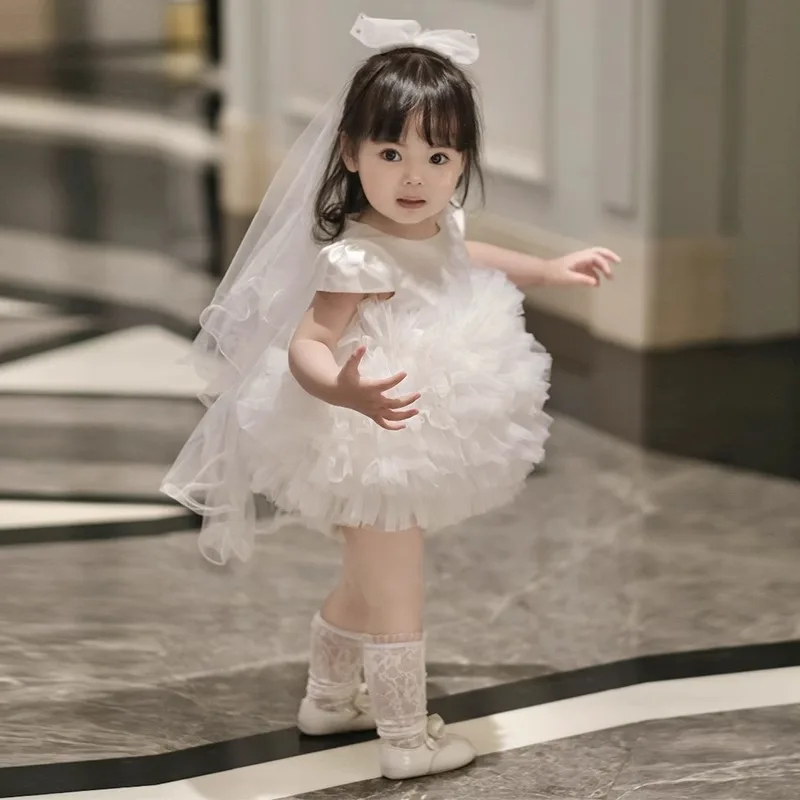 Baby Girls White First Birthday Dress Multi-layer Princess Gown Elegant Tulle Tutu Dresses for Hosting Party Eid Costume Clothes