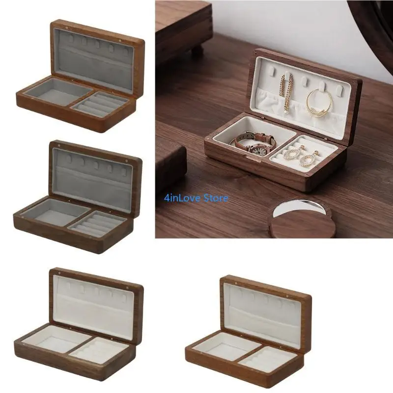 

T4MD Portable Flannelette Jewelry Storage Box High-end Luxurious Black Walnut Vintage Necklace Earrings Portable Travel Case