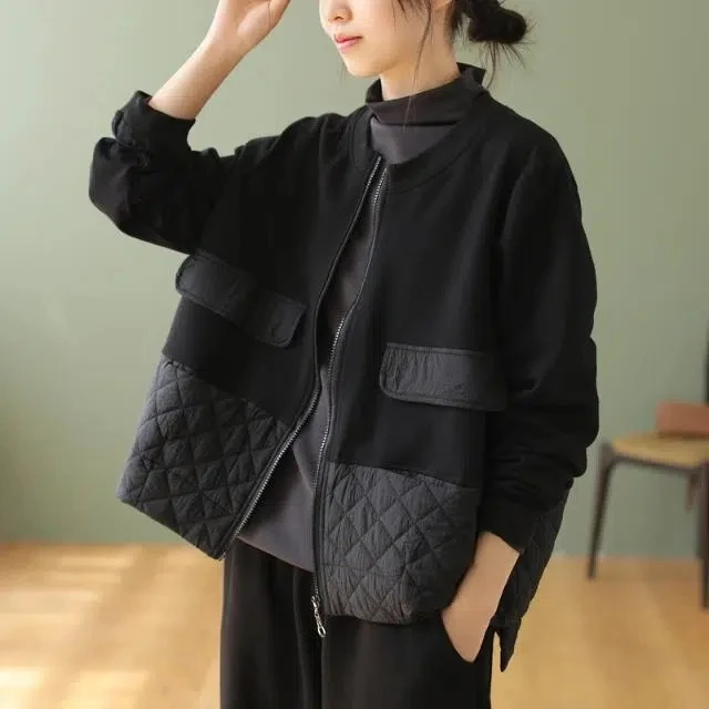 

Casual ort Fce Lined Jaet Autumn Winter Stand Collar Splice Versatile Youthful Looking Coat Zipper Closure Cotton Blend