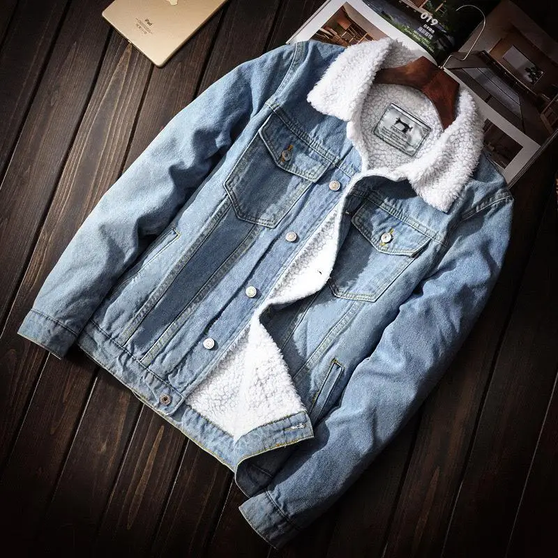 

Men's Winter Light Colored Denim Jaet plus Size Thiened Cotton Flannel Outerwear for Youth Straight Fit Long Sve Coat
